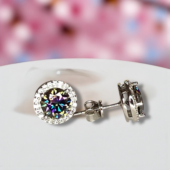 Mystic Moissanite Earrings Handcrafted in Halo Settings in Sterling Silver - Picture 3 of 8